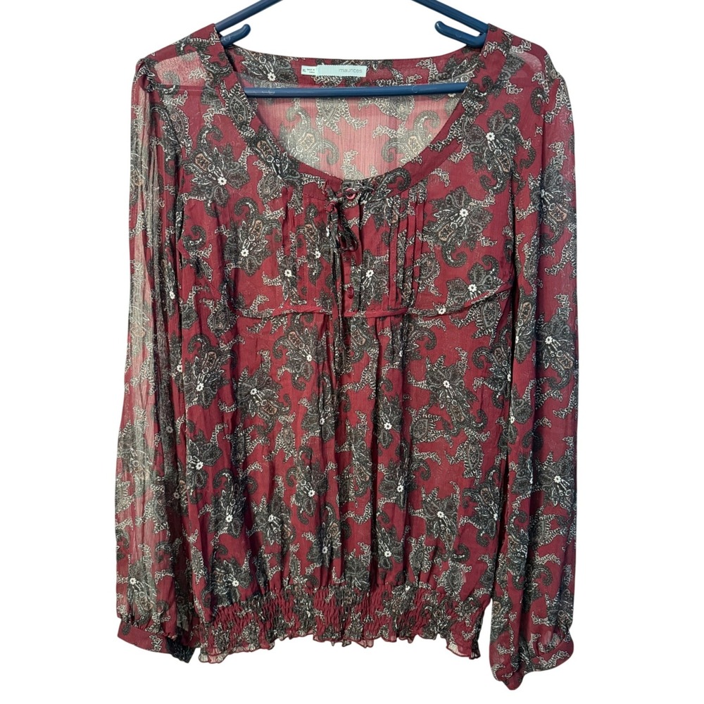 Maurices Paisley Blouse Women XL Burgundy Boho Smocked Hem